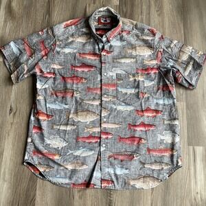 True Grit Mens XL Cottom Short‎ Sleeve Button Down Short Sleeve Shirt AOP Fish